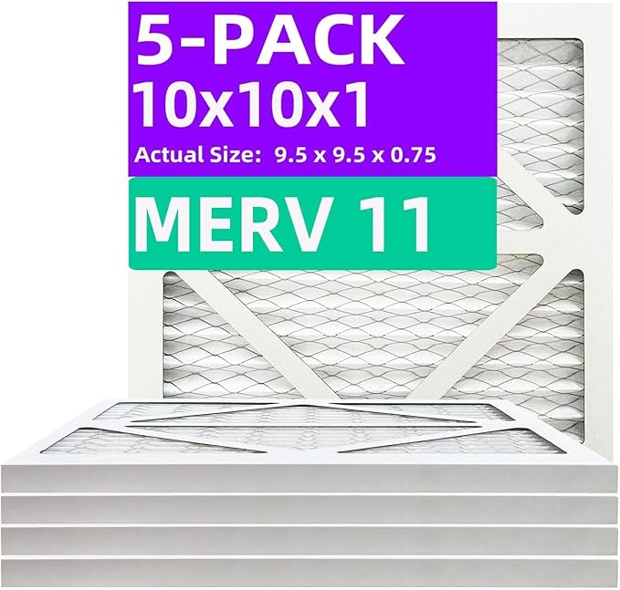 10x10x1 MERV 11 (5-Pack) Pleated Air Filter (Actual Size: 9.50" x 9.50" x 0.75") MPR 1000-1200 & FPR 7, Furnace Air Filters, 10x10x1 air filter