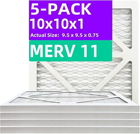 10x10x1 MERV 11 (5-Pack) Pleated Air Filter (Actual Size: 9.50" x 9.50" x 0.75") MPR 1000-1200 & FPR 7, Furnace Air Filters, 10x10x1 air filter