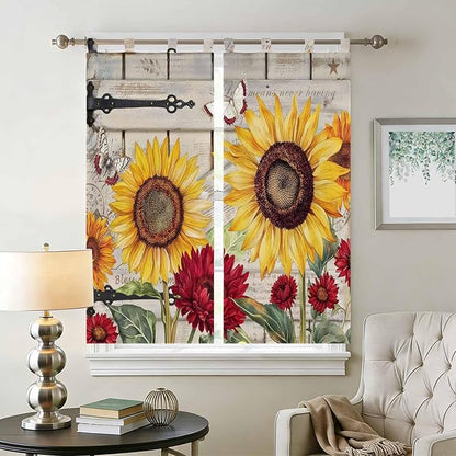 Red Yellow Sunflowers Bathroom Curtains 63 Inch Length, Window Curtains Tab Top, Retro Rustic Barn Doors Butterfly Brown Light Filtering Window Treatments Drapes 52"x63" 2 Panel