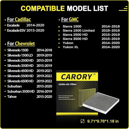 Cabin Air Filter w/Activated Carbon for Chevy Silverado 1500 2014-2018, Tahoe 2015-2020, Suburban 2015-2020, GMC Sierra 1500 2014-2018, Yukon 2014-2020, Yukon XL 2014-2020