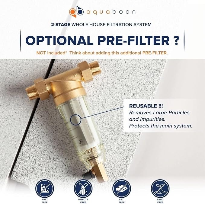 Aquaboon 2-Stage Water Filter System for Well Water w/ 20x4.5 Iron & Manganese, Sediment Filters, Pressure Gauges & Release, Wrench, Iron Bracket