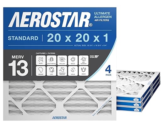 Aerostar 20x20x1 MERV 13 Air Filter, 4 Count, ACTUAL SIZE (19.75 x 19.75 x 0.75), HVAC, Air Conditioning & Furnace Filter for Allergies, Dust, Pet Dander & Smoke (MPR 1500 / FPR 10), Made in USA