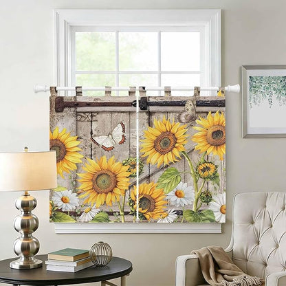 Farmhouse Sunflowers Kitchen Curtains 45 Inch Length, Short Cafe Window Curtains Tab Top, Rustic Barn Doors Flowers Butterfly Wooden Light Filtering Window Treatments Tier Drapes 27.5"x45" 2 Panel