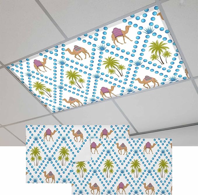 2 Pack Fluorescent Light Cover, Camels Palm Trees Light Covers for Ceiling Lights, Tropical Desert Animal Plants Polka Dot Magnetic Lights Filters Ceiling Shade for Classroom/Office - 4 x 2 Feet