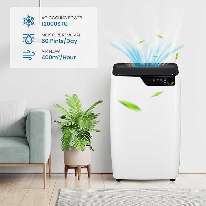 Portable Air Conditioners, 12000 BTU Portable AC for Rooms Up to 550 Sq.Ft. 3-In-1 Portable AC with Quick Cooling, Dehumidifying, 3-Speed Fan, 24H Timer, Remote, Ultra-Quiet, White and Black