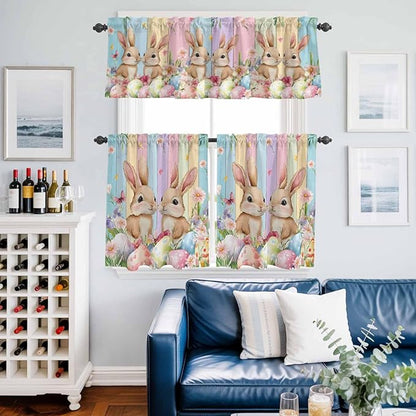 Easter Kitchen Curtains Set 3 Piece for Windows, Rod Pocket Valance and Tier Set 24 Inch Length, Spring Bunny Eggs Botanical Floral Wooden Grain Light Filtering Cafe Curtains for Living Room Bathroom