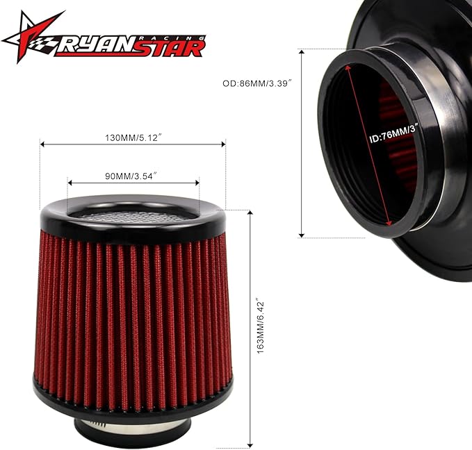 RYANSTAR RACING 76mm 3" High Flow Round Tapered Cone Cool Air Filter Cleaner with Top Filter Design Short 163mm tall
