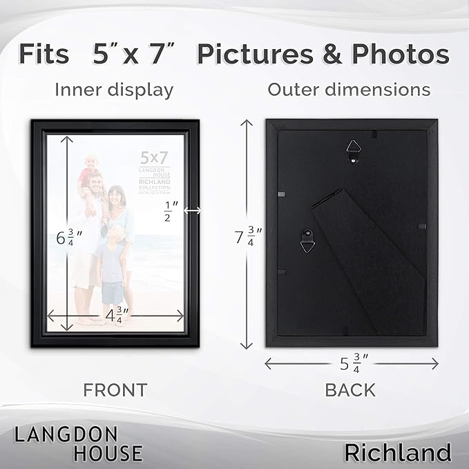 Langdon House 5x7 Picture Frames Set (Black, 6 Pack) Distinguished Edging for Classic Style, Richland Collection