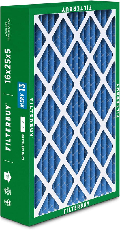 Filterbuy 16x25x5 Air Filter MERV 13 Optimal Smoke & Allergy Defense (3-Pack), Pleated HVAC AC Furnace Filters for Honeywell FC100A1029, Lennox X6670, and More (Actual Size: 15.75 x 24.75 x 4.38)