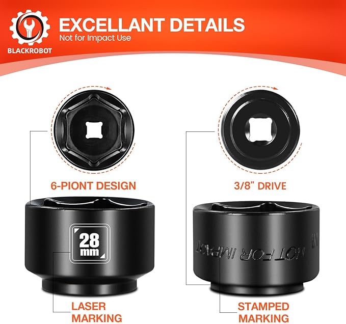 BLACKROBOT 28mm Low Profile Oil Filter Socket, 3/8" Drive 6-Point Oil Filter Cap Remover and Installer Tool, Chrome Vanadium Steel
