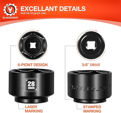 BLACKROBOT 28mm Low Profile Oil Filter Socket, 3/8" Drive 6-Point Oil Filter Cap Remover and Installer Tool, Chrome Vanadium Steel