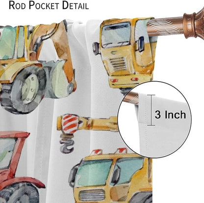 Kids Excavator Curtains, Retro Truck Tractor Machinery Construction Vehicle Crane Digger Mixer Rod Pocket Decorative Windows Curtain for Teens Girls Boys Room 63x72in (30% Blackout)