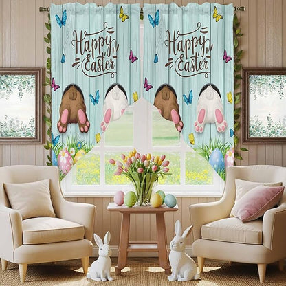 Swag Curtain Valances for Kitchen Windows,Happy Easter Bunny Butt Egg Floral Short Rod Pocket Window Valance,Spring Plant on Aqua Wood Swag Topper for Bedroom Living Room,2 Panels 36x36in