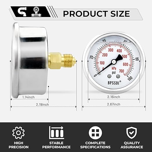 0-100Psi Glycerin Liquid Filled Low Pressure Gauge, 2.5" Dial Size, 1/4" G Back Mount, 304 Stainless Steel Case, for Water Pipe, HVAC, Water Oil Air Pressure Test