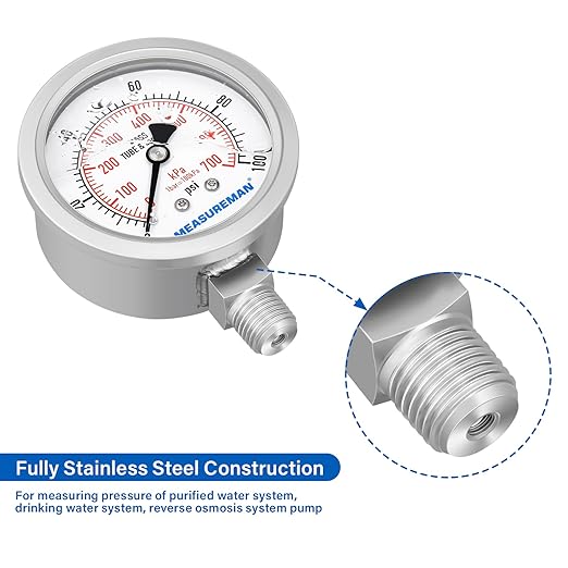 MEASUREMAN Pressure Gauge 1/4 NPT, 0-100psi/kPa Fully Stainless Steel Hydraulic Glycerin Filled Pressure Gauge with 2.5 Inch Dial Size (0-100 psi, Lower Mount - 100% Stainless Steel)