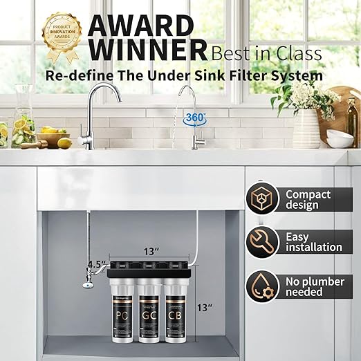 Water Filter for Sink with Faucet, 3-Stage Deep Filtration, Reduce Heavy Metals/Chlorine/PFAS/Odor/Sediment, NSF/ANSI 42&53 Improve Taste, Life Indication Mineral pH+ Under Sink Water Filter