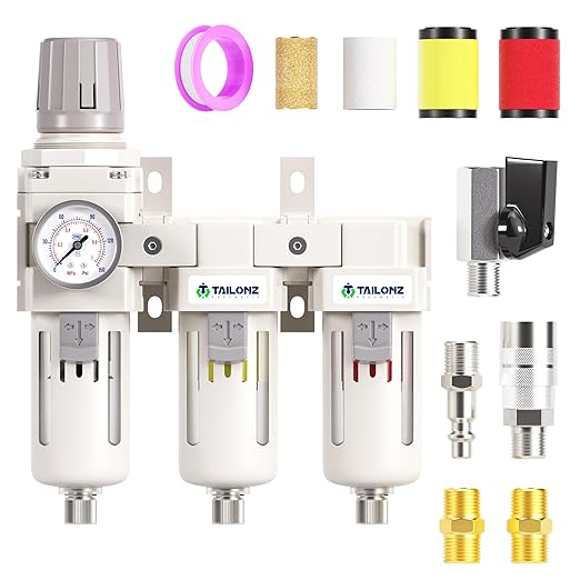TAILONZ PNEUMATIC 0-150PSI 3/8 Inch NPT Grade 3 Stage Air Drying System, Particulate Filter, Air Filter Pressure Regulator Combo Piggyback, Air Tool Compressor Filter with Gauge (Semi-Auto Drainage）