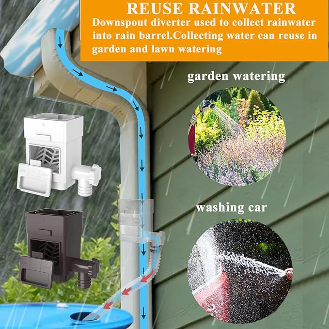 Rain Barrel Diverter Kit, Downspout Diverter Fits for 2x3 or 3x4 Inch Gutter Downspouts, Rainwater Collection System with Adjustable Valve and Filter - Brown