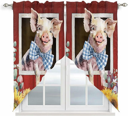 Pig Sunflowers Swag Valances for Windows, Eucalyptus Leaves Floral Bees Red Barn Rod Pocket Kitchen Curtains Valance, Kitchen Window Curtains Swag for Cafe Bathroom Living Room, 2 Panels, 36x63 inch