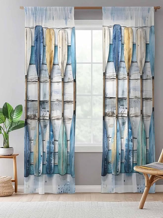 Sheer Curtains 84 Inches Long, Lake Paddle Striped Semi Sheer Curtains Light Filtering Window Treatment, Watercolor Vintage Wood Grain Privacy Voile Drapes for Living Room Bedroom 52x84 Inch