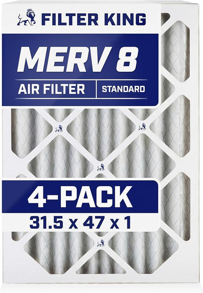 Filter King 31.5x47x1 Air Filter | 4-PACK | MERV 8 HVAC Pleated A/C Furnace Filters | MADE IN USA | Actual Size: 31.5 x 47 x .75"
