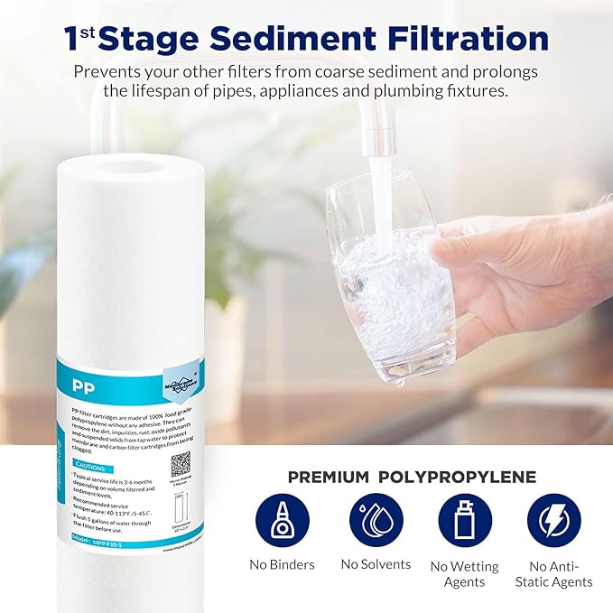 Membrane Solutions Grooved Sediment Water Filter Cartridge (Pack of 6), 0.5 Micron Whole House Water Filter Universal Replacement 10"x2.5" for 10" RO Unit, Whole House Under-Sink Filtration System