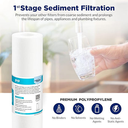 Membrane Solutions Grooved Sediment Water Filter Cartridge (Pack of 6), 0.5 Micron Whole House Water Filter Universal Replacement 10"x2.5" for 10" RO Unit, Whole House Under-Sink Filtration System