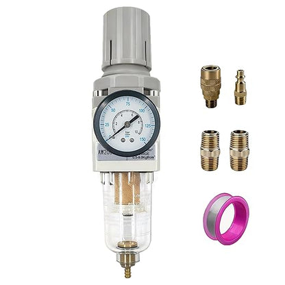 XingNEeng 1/4" NPT Compressed Air Filter Regulator Combo Piggyback, Water/Oil Trap Separator with Pressure Gauge(0-150 psi), Semi-Auto Drain, Poly Bowl, 5 Micron Brass Element, Metal Bracket