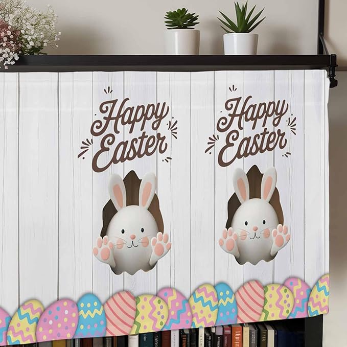 Grey Easter Curtain Valances for Windows, Kitchen Valance Window Treatment, Spring Cartoon Bunny Colorful Eggs Wood Grain Light Filtering Block Curtains for Bathroom/Bedroom/Living Room 60'' x 18''