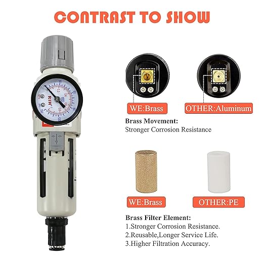 RIH 3/8"NPT Auto Drain Air Filter Pressure Regulator Combo Piggyback, 5 Micron Brass Element, Poly Bowl, Metal Bracket, 0-150 psi Gauge Air Tool Compressor Filter with Gauge (3/8"NPT Auto Drain)