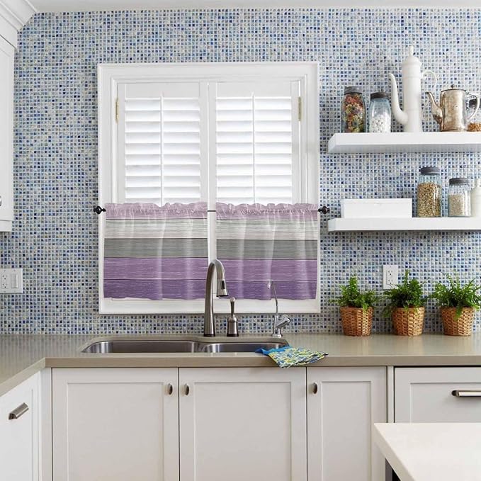 Country Wood Board Gray Purple Window Valance Curtains, Farmhouse Gradient Plank Light Filtering Kitchen Valance with 3-inch Rod Pocket for Living Room Bathroom Bedroom,2 Panel,27.5x36In