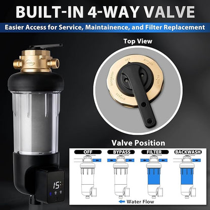 iSpring WSP500ARJ-BP, NSF Certified, Whole House Spin-Down Sediment Water Filter with Bypass, Clear Housing, Jumbo Size, Flushable and Reusable, Touch-Screen Auto Flushing, 4 Modes, 500 Microns