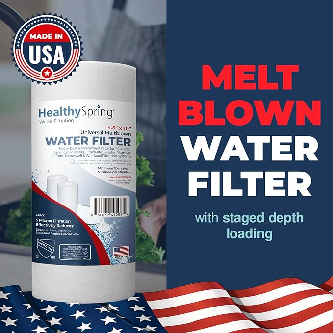 American Made, Sediment Water Filter, 10" x 4.5", Replacement for Pentair Pentek DGD-5005, GE® GXWH40L, GXWH35F, Culligan® RFC-BBSA, 3M® Aqua-Pure® AP810, 5 Micron, Pack of 4