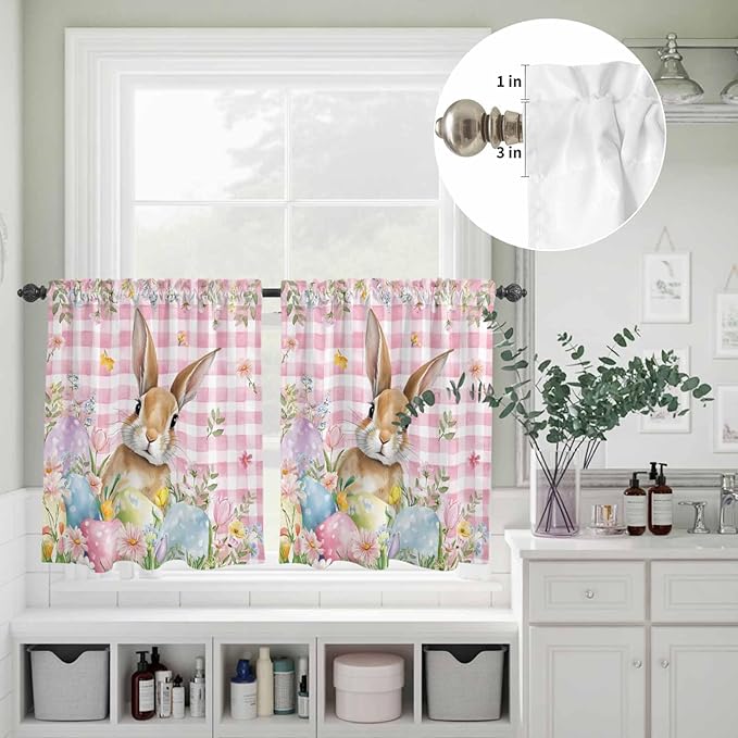 Kitchen Curtains Tiers and Valance Set of 3, Easter Light Filtering Window Curtain Set, Spring Rabbit Eggs Nature Botanicals Pink Plaid Rod Pocket Curtain Drapes for Cafe, Living Room, 24 Inches Tiers