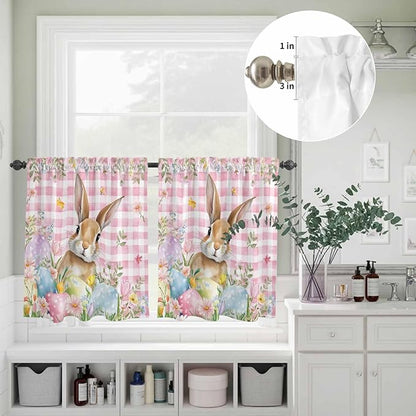 Kitchen Curtains Tiers and Valance Set of 3, Easter Light Filtering Window Curtain Set, Spring Rabbit Eggs Nature Botanicals Pink Plaid Rod Pocket Curtain Drapes for Cafe, Living Room, 24 Inches Tiers