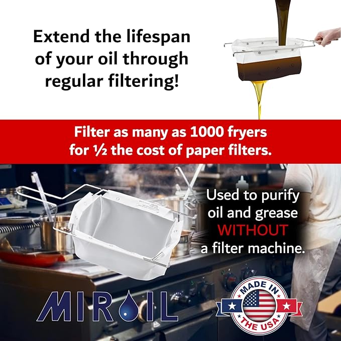 MirOil B22FS Fryer Oil Filter Bag & Frame Combo, Extends Life, Polish Hot & Cold Cooking Oil for Filtration for Deep Fryers, Fits on Top of Fryer Filter Pot, Pail and Storage Container for Restaurants