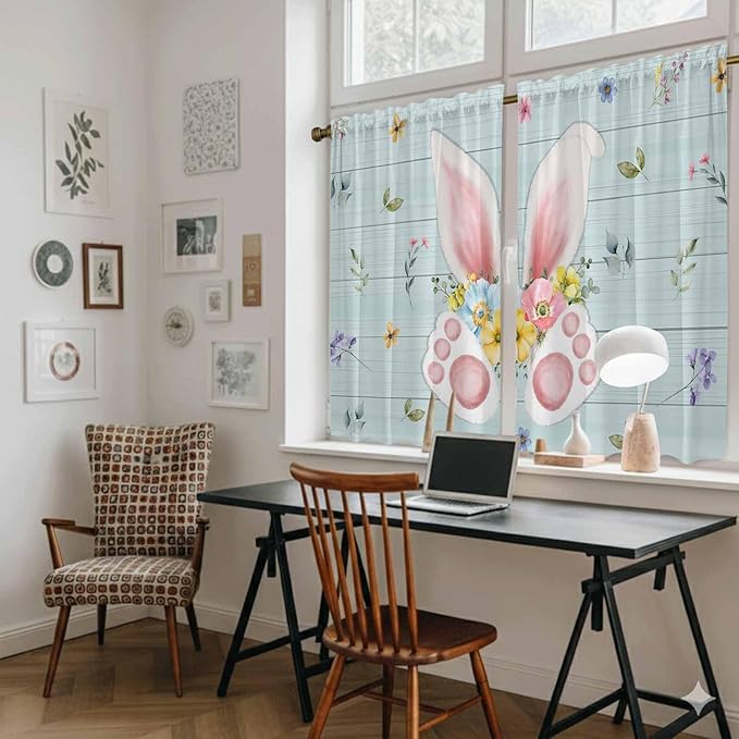 Easter Kitchen Curtains 54 Inch Long 2 Panel Set, Rod Pocket Window Curtains Panels, Spring Rabbits Ears Feet Flowers Wooden Grain Light Filtering Drapery Draperies for Bathroom Bedroom 52"W x 54"L