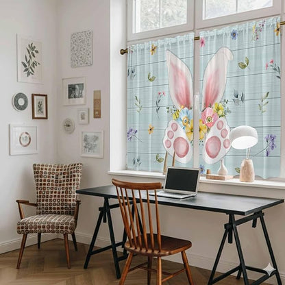 Easter Kitchen Curtains 54 Inch Long 2 Panel Set, Rod Pocket Window Curtains Panels, Spring Rabbits Ears Feet Flowers Wooden Grain Light Filtering Drapery Draperies for Bathroom Bedroom 52"W x 54"L