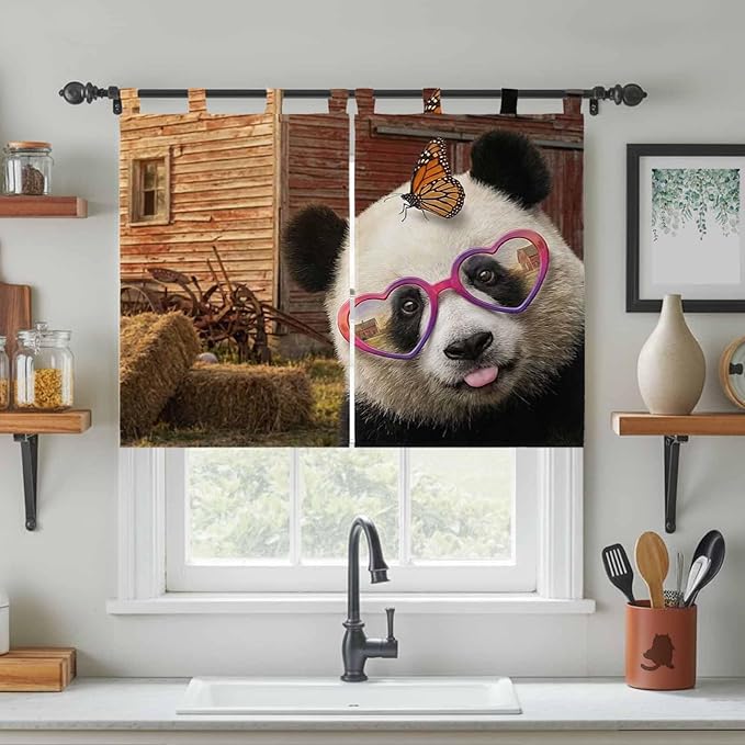 Farm Panda Bedroom Curtains 63 Inch Length, Window Curtains Tab Top, Farmhouse Barn Funny Animals Butterfly Light Filtering Window Treatments Drapes 42"x63" 2 Panel