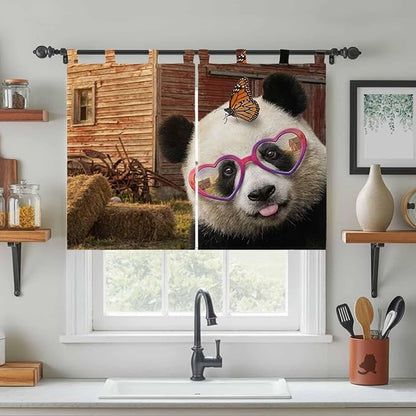 Farm Panda Bedroom Curtains 63 Inch Length, Window Curtains Tab Top, Farmhouse Barn Funny Animals Butterfly Light Filtering Window Treatments Drapes 42"x63" 2 Panel