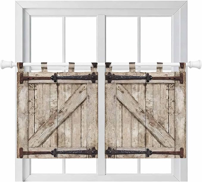 Farmhouse Wood Grain Kitchen Curtains 36 Inch Length, Small Window Curtains Tab Top, Vintage Country Barn Gate Brown Light Filtering Short Window Treatments Tier Drapes 27.5"x36" 2 Panel