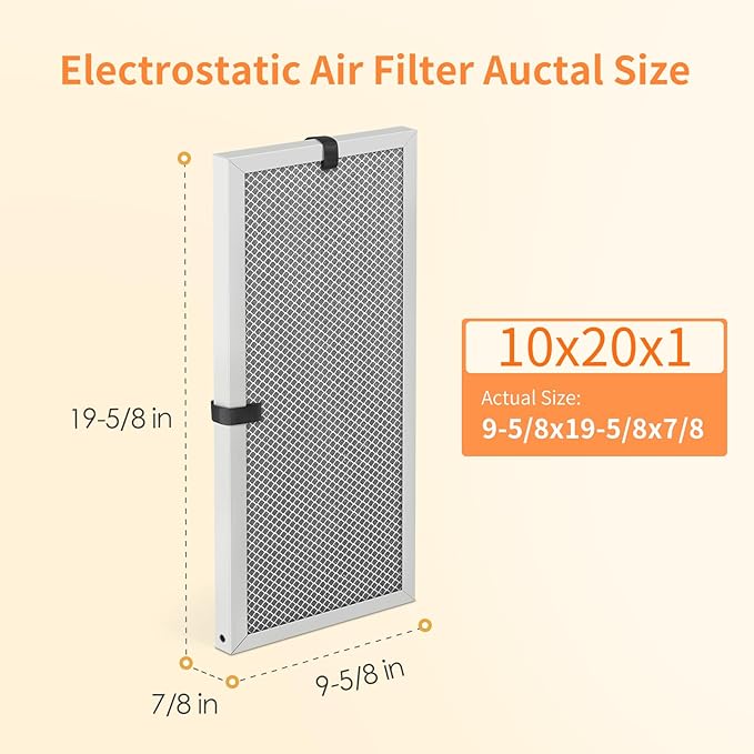 2-Pack 10x20x1 MERV 8 Reusable & Washable Electrostatic Air Filters - Long-Lasting Filter for HVAC, Furnace & Air Conditioner Units, Actual Size: 9-5/8” x 19-5/8” x 7/8”