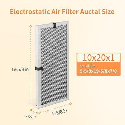 2-Pack 10x20x1 MERV 8 Reusable & Washable Electrostatic Air Filters - Long-Lasting Filter for HVAC, Furnace & Air Conditioner Units, Actual Size: 9-5/8” x 19-5/8” x 7/8”