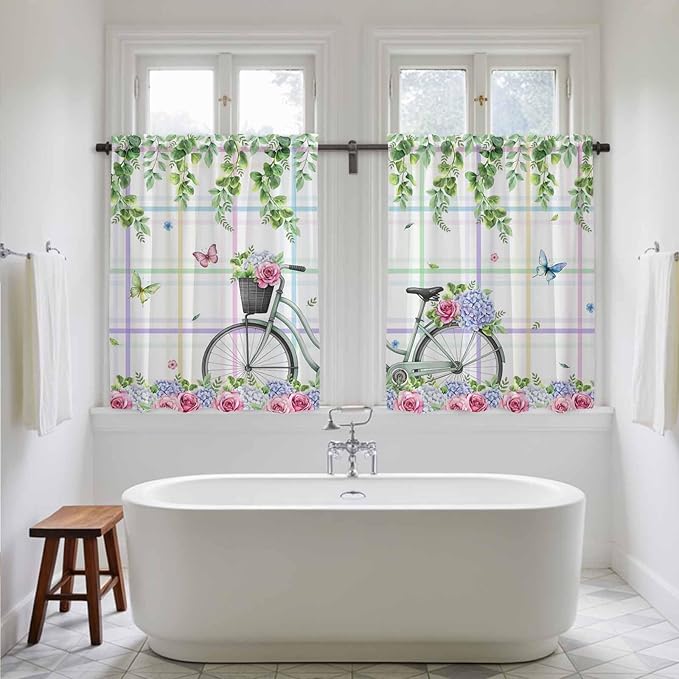 Spring Kitchen Curtains, Bicycles Botanical Leaves Rose Colorful Stripes Light Filtering Window Curtain Panels, 2Pcs Rod Pocket Window Treatments Set for RV Dining Room Study Room 42x45 Inches