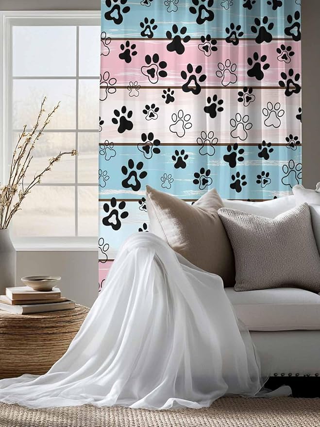 Sheer Curtains 63 Inch Length, Blue Pink Dog Paws Prints Semi Sheer Curtains Light Filtering Window Treatment, Farmhouse Beige Wood Privacy Voile Drapes for Living Room Bedroom 52x63 Inch