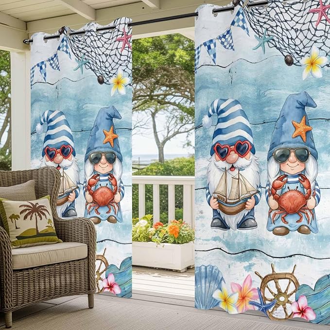 Ocean Gnome Outdoor Curtains for Patio Summer Marine Plumeria Shell Wood Blue Waterproof Outside Curtains with Grommet Top Weatherproof Curtain for Cabana Pergola Gazebo, 1 Panel, 54" W x 108" L
