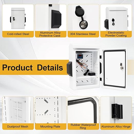 Outdoor Electrical Box with Key Lock, Aluminum Alloy Back Beam with M10 Sliding Groove, 12V Cooling Fan & Temperature Controller Included, Cold-Rolled Steel Electrical Box (15.75"x11.81"x5.91")