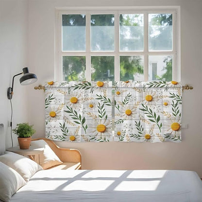 Spring Daisy Tier Curtains, Farmhouse Country Flower Leaf Plant Wood Grain Light Filtering Kitchen Curtains, 2Pcs Rod Pocket Half Window Treatments Panels for Sink Cafe Cabinet Camper 27.5x24 Inches