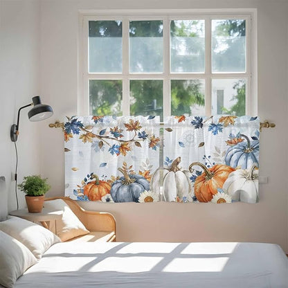 Fall Blue Maple Kitchen Tier Curtains 36 Inch Long 2 Panel Set,Rod Pocket Half Window Curtains Over Sink,Thanksgiving Pumpkins Daisy Country Leaves Short Drapes for Bathroom Cafe 27.5"W x 36"L