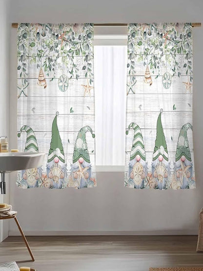Sheer Curtains 63 Inch Length, Coastal Eucalyptus Leaf Semi Sheer Curtains Light Filtering Window Treatment, Sage Green Gnomes Starfish Privacy Voile Drapes for Living Room Bedroom 52x63 Inch